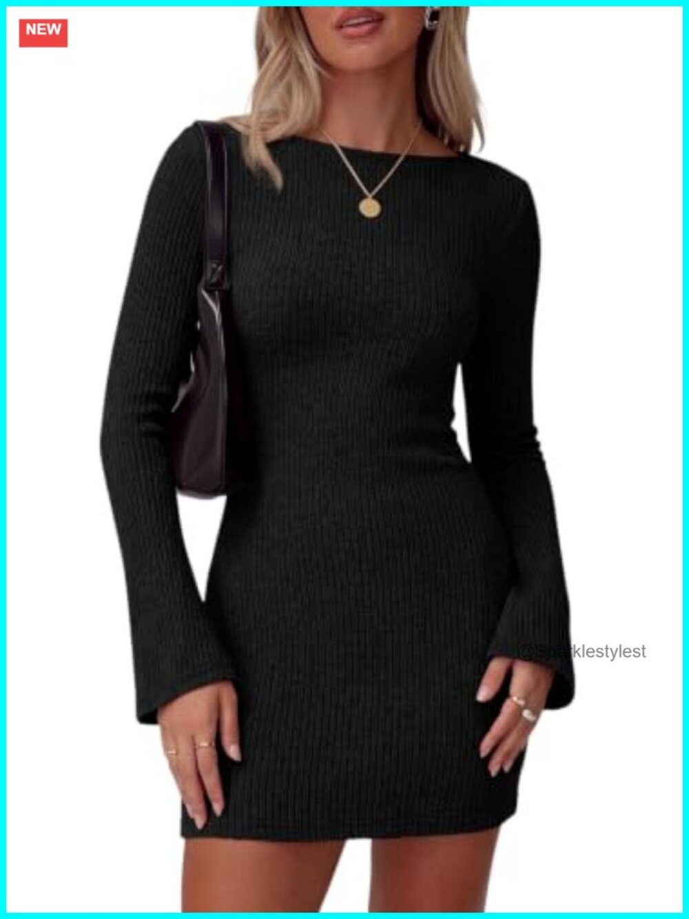 Ribbed Knit Bodycon Mini Dress Bell Sleeve Boat Neck Long Sleeve